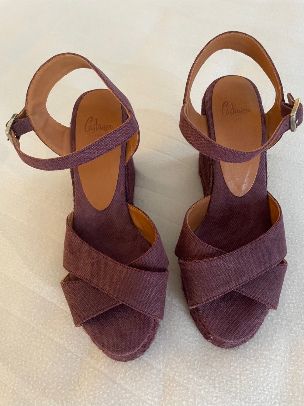 Castaner Plum Cross-Strap Espadrille Wedge Sandals